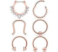 WillTen 6PCS 16G Stainless Steel Hinged Septum Piercing Hoop Nose Ring Diamond Twist Spike Horseshoe Helix Cartilage Daith Conch Earrings Clicker Lip Nose Septum Piercing Jewellery