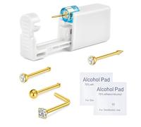 WillTen 6Pcs Nose Piercing Kit with Gold Nose Stud, 1Pack Nose Piercing Gun, Disposable Nose Piercing Kit with Straight L-Shape Nose Rings Stud White CZ Nose Piercings Gun Kit Tool