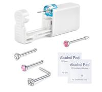 WillTen 6Pcs Nose Piercing Kit with Silver Nose Stud, 1Pack Nose Piercing Gun, Disposable Nose Piercing Kit with Straight L-Shape Nose Rings Stud Pink CZ Nose Piercings Gun Kit Tool