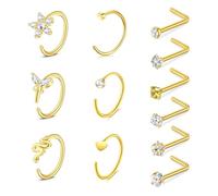 WillTen Gold Nose Ring & Stud, 20G 8mm Diamond Nose Piercing Hoop & L Shape Stud, Surgical Steel
