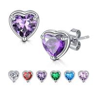 WillTen Heart Earrings Amethyst Silver Studs Earrings for Women, 925 Sterling Silver Cubic Zirconia Birthstone Earrings Jewellery for Women