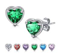 WillTen Heart Earrings Emerald Silver Studs Earrings for Women, 925 Sterling Silver Cubic Zirconia Birthstone Earrings Jewellery for Women