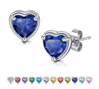 WillTen Heart Earrings Sapphire Silver Studs Earrings for Women, 925 Sterling Silver Cubic Zirconia Birthstone Earrings Jewellery for Women