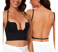 Willuhwisly Low Back Bras for Women-Lightly Lined Seamless Invisible Backless Bra-Secret Plunge Bra Open Back Multiway Halter Bras (Black, 34B)