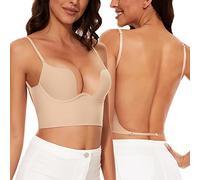 Willuhwisly Low Back Bras for Women-Lightly Lined Seamless Invisible Backless Bra-Secret Plunge Bra Open Back Multiway Halter Bras (Nude, 36C)