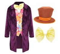Chocolate Factory Boss Costume For Boys - Large - Kids Chocolate Factory Fancy Dress - Purple Coat - Candy Print Waistcoat - Golden Bow Tie - Oversized Hat For World Book Day - Book Week