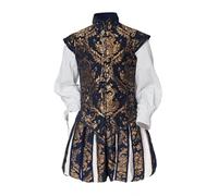 Willyacos Renaissance Tudor Costume - Men's Elizabethan Era Prince Tudor King Doublet & Vest with Pumpkin Pants (Blue, Golden, XXL)