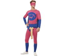 Smiffys Willyman Superhero Costume, Pink & Blue with Bodysuit, Eyemask & Overpants, Funny Fancy Dress, Adult Dress Up Costumes