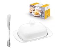 Wilmax Butter Dish White + 1 Silver Knife - Ceramic Butter Dish - For All Tableware, Everyday Life, Parties - For Serving and Storing Butter - Dishwasher Safe - Porcelain