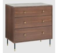 wilmot wooden chest of 3 drawers with marble glass top in walnut