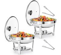 WILPREP Chafing Dish Buffet Set, 2 Pack 4.5L Round Chafers for Catering with Glass Lid & Lid Holder Water Food Pan, Stainless Steel Food Warmers