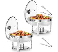WILPREP Chafing Dish Buffet Set, 2 Pack 5.5L Round Chafers for Catering with Glass Lid & Lid Holder Water Food Pan, Stainless Steel Food Warmers