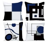 Wilproo Black Dark Blue Geometric Decorative Cushion Pillow Covers Set of 4 16" x 16" Modern Geometric Grey Black and Red Grid Stripe Decor Irregular with Hidden Zipper Home for Couch Bed