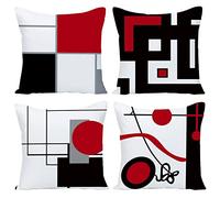 Wilproo Black Red Geometric Decorative Cushion Pillow Covers Set of 4 16" x 16" Modern Geometric Grey Black and Red Grid Stripe Decor Irregular with Hidden Zipper Home for Couch Bed