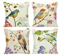 Wilproo Outdoor Bird Decorative Throw Pillowcase, Bird Flower Both Sides Printed Spring Cushion Cotton Linen 18x18 Set of 4 Patio for Home Couch Sofa Decor