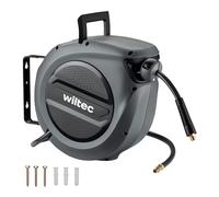 Wiltec Air Hose Reel 15 m, Hose Reel with Housing Made of Robust PP Material, Comes with Tool-Free Locking Mechanism, Includes 180° Swivelling Bracket and Mounting Screws for Easy Installation