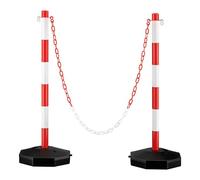 Wiltec Chain Posts 80 x 28 x 28 cm in Red and White with 1.4 m Chain, 4 Sturdy S Hooks and Fillable Base for Added Stability,Ideal as Bollards for Car Parks
