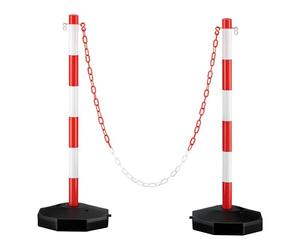Wiltec Chain Posts 80 x 28 x 28 cm in Red and White with 1.4 m Chain, 4 Sturdy S Hooks and Fillable Base for Added Stability,Ideal as Bollards for Car Parks