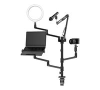 WilTec Live Streaming Equipment Stand with 4 Arms, Desk Mount with Ring Light in 3 Lighting Modes, Compatible with Devices like Phones, Cameras, Microphones or Screens, Recording Setup