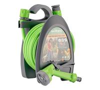 Wiltec Portable Hose Reel 10 m with Adjustable Spray Nozzle, 5 Watering Functions, Ideal for Balconies, Terraces and Garden Beds, Hose Pipe for Outdoor Use, Compact Design and Easy Storage