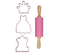 Wilton Kids Baking Kit Princess Set of 4, Pink Rolling Pin with Crown Dress and Castle Cookie Cutters, Child Friendly Baking Set for Cookies