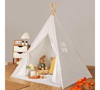 Wilwolfer Kids Teepee Tent Indoor: Toddler Tipi Play Tent Cotton Large with Storage Bag Colourful Flags and Window Foldable Off-White Playhouse Toys House for Grils Boys Birthday Gift