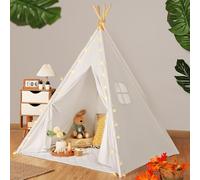 Wilwolfer Kids Teepee Tents Indoor: Toddler Tipi Play Tents Cotton Large with Padded Mat Colourful Flags and Storage Bag Foldable Off-White Playhouse Toys House for Grils Boys Birthday Gift