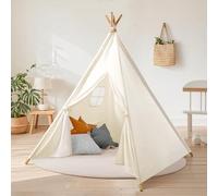 Wilwolfer Kids Teepee Tents Indoor: Toddler Tipi Play Tents Cotton Large with Storage Bag Colourful Flags and Window Foldable Off-White Playhouse Toys House for Grils Boys Birthday Gift