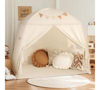 Wilwolfer Play Tent for Kids: with Flags - Tent for Kids Indoor Toddler Large Teepee for Boys & Girls - Toddler Playhouse Inside Canopy Bed for Playroom Gift Toys (Cream)