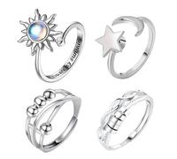 wimony 4PCS Fidget Rings for Anxious Women, Relieve Anxiety Rings, Silver Swivel Ring with Beads,Adjustable Open Fidget Ring for Girls Women