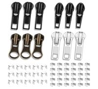 wimony 57 Pcs Metal Zipper Replacement Repair Kit,Universal Zipper Pulls with Top and Bottom Stoppers,Black/Silver/Copper Zips Fix Slider Kit for Coats Jacket,Luggage,Backpacks