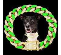 WimuPath Silver-Plated Green Diamond Dog Collar - Cuban Style Metal Chain with Secure Buckle, Luxury Durable Collar for Small/Medium/Large Dogs & Puppies