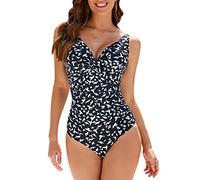 WIN.MAX Swimming Costume for Women Swimsuit Womens Swimwear Tummy Control Ruched Ladies Retro One Piece Swimsuit (Black Bird, UK16)