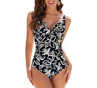 WIN.MAX Swimming Costume for Women Swimsuit Womens Swimwear Tummy Control Ruched Ladies Retro One Piece Swimsuit(Gilded Flowers,UK16)