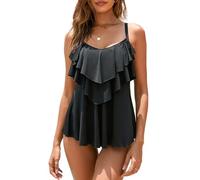 WIN.MAX Women's Tankini Sets Ruffled Flounce 2 Pieces Swimwear with High Waist Bottom Plus Size Swimsuit (Black, UK 18)