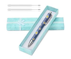 Wincredulous 1 Piece Sparkly Floral Pen Gift Set,Velentine's Day Gift Pen for Women,Bling Shiny Daisy Retractable Ballpoint Pen,2 Ballpoint Refills,1 Gift Box,Black Ink,Smooth Writing(Navy Blue)