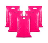 WINCUR 50PCS Small Plastic Bag with Die Cut Handle, Reusable Thick Pack Bulk Treat Bag with Handle for Birthday Party,festival party(Magenta 25 * 35cm/9.84 * 13.77")