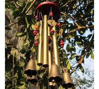 Wind Chime, Wish You Prosperity: Traditional Chinese Amazing 4 Tubes 5 Bells and Wooden Base Bronze Windchime for Outdoor Patio, Garden and Interior D