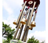 Wind Chime, Wish You Prosperity: Traditional Chinese Amazing 4 Tubes 5 Bells and Wooden Base Bronze Windchime for Outdoor Patio, Garden and Interior D