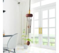 Wind Chime with 4 Aluminum Resonators and Wooden Header for Outdoor Placement and Natural Wind-Driven Sound Creation (Reddish Brown)