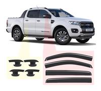 Wind Deflectors + Door Handle Cup Protectors Kit for Ford Ranger Accessories 2012-2022| Car Rain Window Door Shield Visor Guards Cover | Smokey Tint Tape-Fit | OEM Style Fit