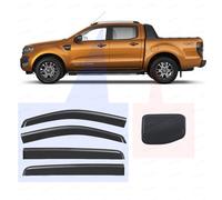 Wind Deflectors + Fuel Tank Cap Cover Kit for Ford Ranger Accessories 2012-2022| Car Rain Window Shield Visor Guards Petrol Gas Door Protector | Smokey Tint Tape-Fit | OEM Style Fit