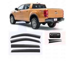 Wind Deflectors + Tailgate Door Handle Surrounds Kit for Ford Ranger Accessories 2012-2022| Car Rain Window Rear Tail Gate Door Trim Shield Visor Guards Cover | Smokey Tint Tape-Fit | OEM Style Fit