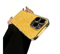 Wind Leopard Print Self-Lens Film Phone Case,Luxury Leopard Pattern Plating Edge Case,Drop Protection for Women Girls Men (Yellow,for iPhone14)