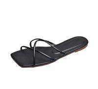 Wind Slippers Female New Summer Outside The Korean Version of The Thin Strap Square Head Flat Bottom Beach Sandals Comfort Heel (Black, 5)