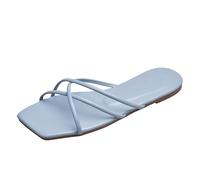 Wind Slippers Female New Summer Outside The Korean Version of The Thin Strap Square Head Flat Bottom Beach Sandals Comfort Heel (Blue, 7.5)
