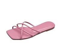 Wind Slippers Female New Summer Outside The Korean Version of The Thin Strap Square Head Flat Bottom Beach Sandals Comfort Heel (Red, 7)
