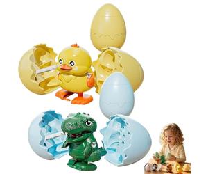Wind-Up Animal Hatching Surprise Egg, Reusable Pop Open & Walk, 4 Assorted Animals, Boom Easter Eggs That Pop Open to Walking Dinosaurs, Penguin, Duck, Capybara (Dinosaurs+Duck)