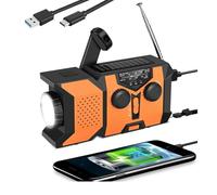 Wind Up Emergency Radio, Solar Powered Hand Crank Portable AM/FM Weather Radio 2000mAh Survival with LED Bright Flashlight, SOS Alarm, Headphone Jack, USB Port for Camping Hiking (Orange)