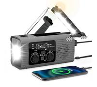 Wind Up Emergency Radio, Solar Powered Hand Crank Portable AM/FM Weather Radio 2000mAh Survival with LED Bright Flashlight, SOS Alarm, Headphone Jack, USB Port for Camping Hiking (Grey)